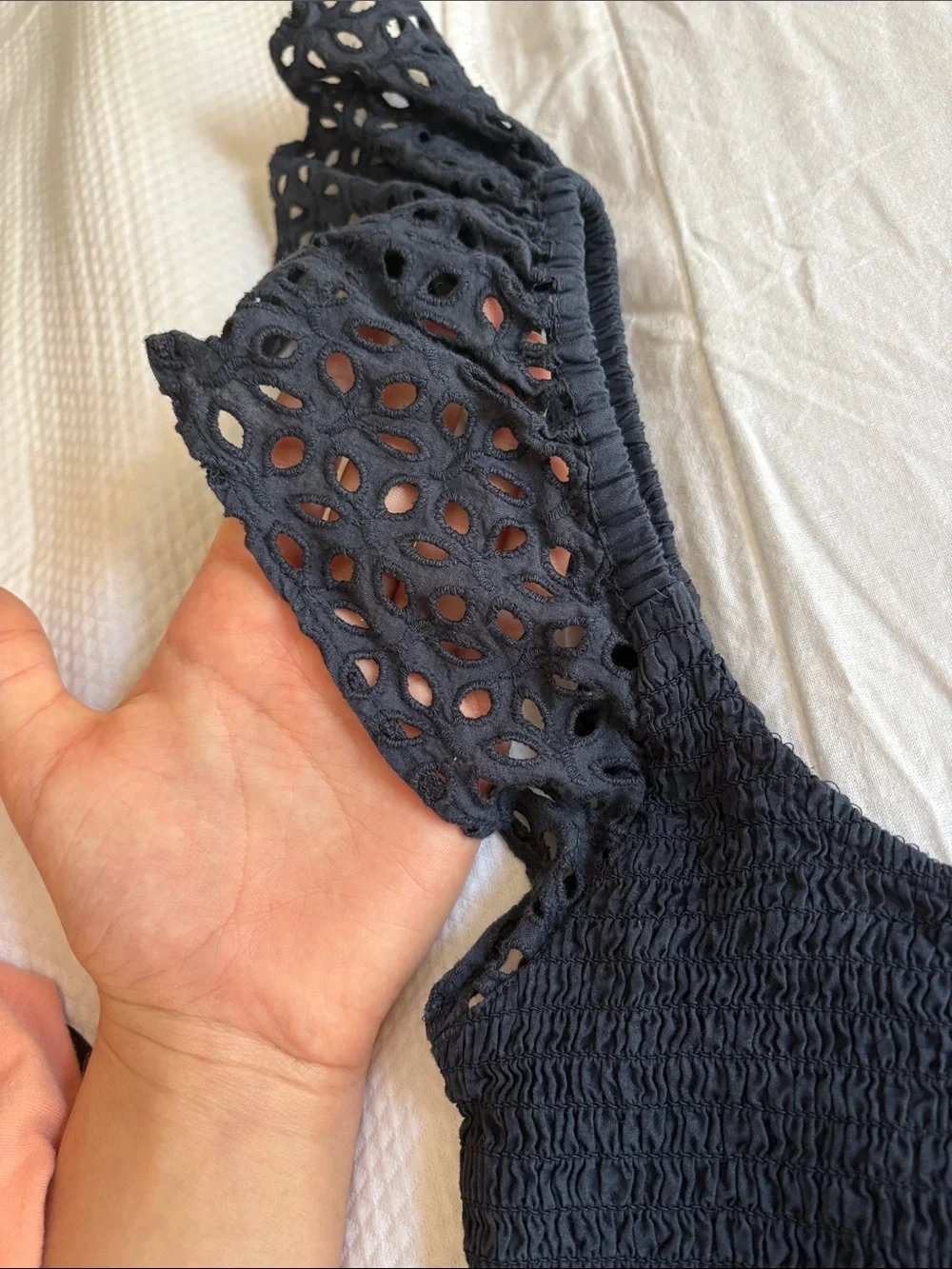 H&M Black Eyelet Puff Sleeve Smocked Crop Top